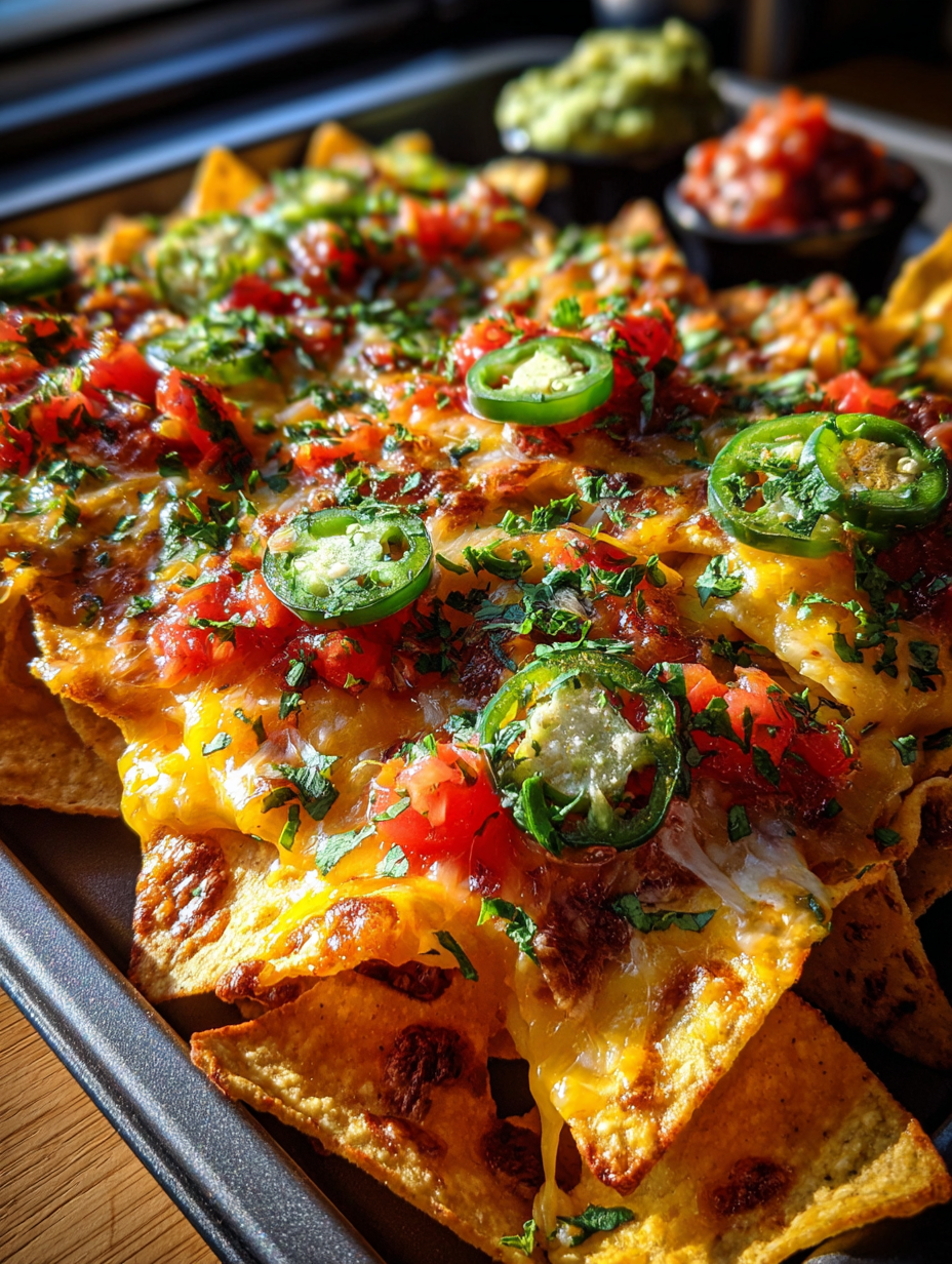 football party food: delicious nachos with spicy toppings